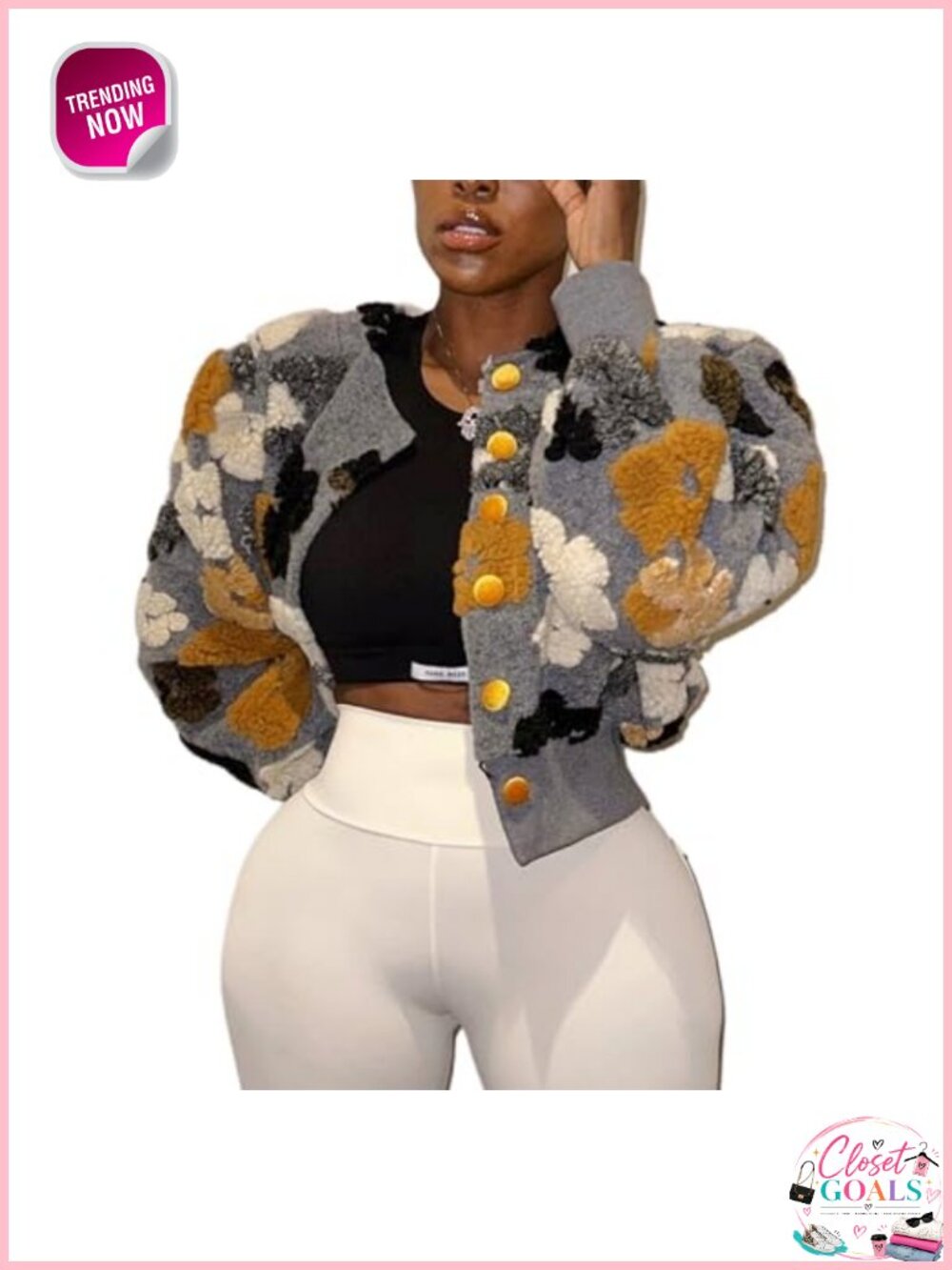 Womens Cropped Fleece Bomber Jacket Puff Sleeve Floral Button Down